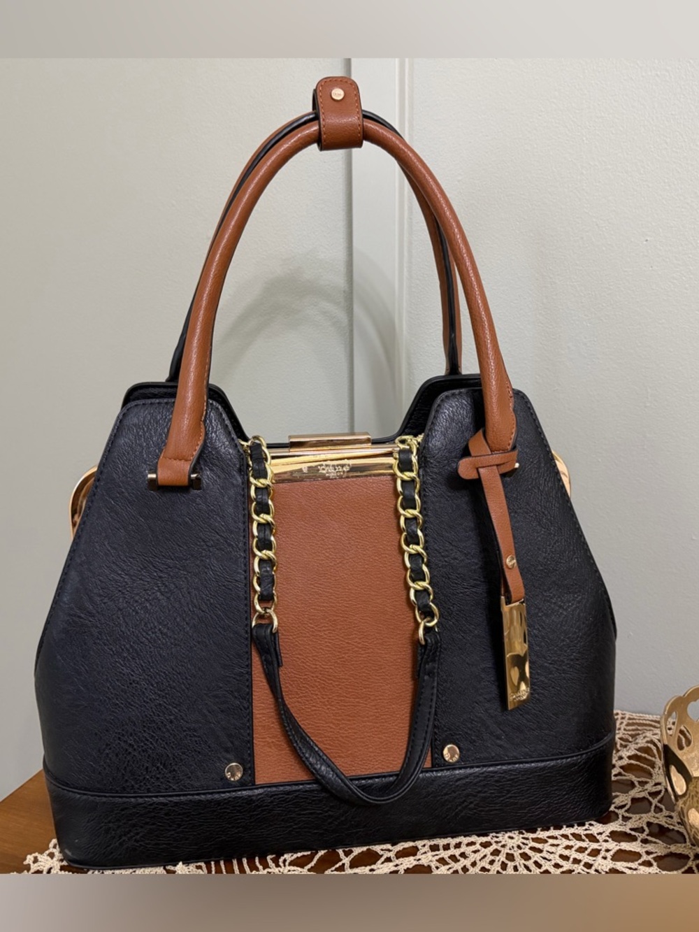 Dune Two-Tone Black and Brown Tote Bag